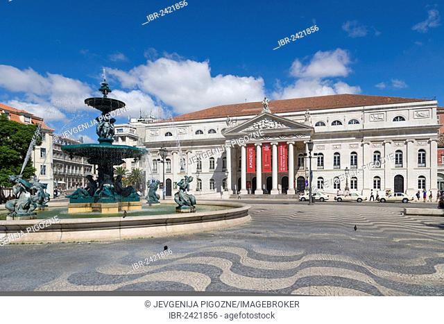 Rossio square, Pedro IV Square, Praca de D Pedro IV, with The National Theatre D Maria II, Teatro Nacional D Maria II, and bronze fountain, Lisbon, Portugal