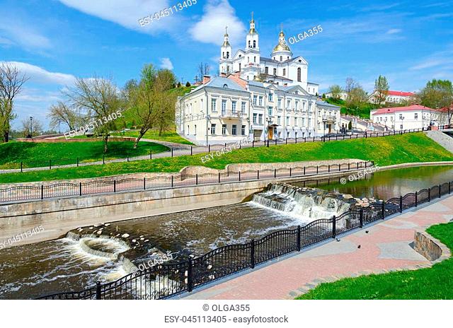 Holy Dormition Cathedral on Assumption Mount and Holy Spirit Monastery at river Vitba, beautiful spring view, Vitebsk, Belarus