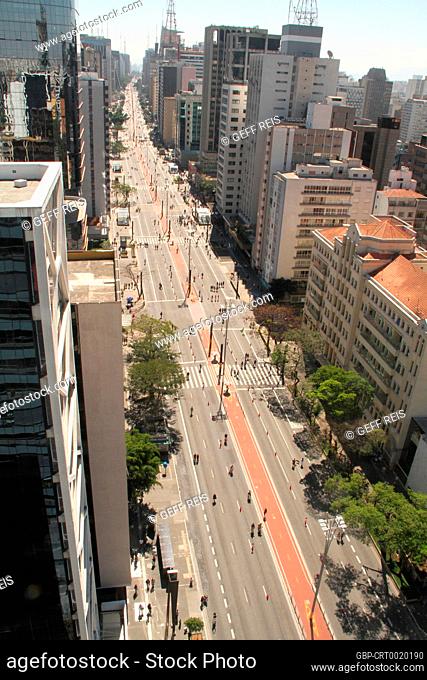 Paulista avenue aerial view, blocked for cars, São Paulo Brazil