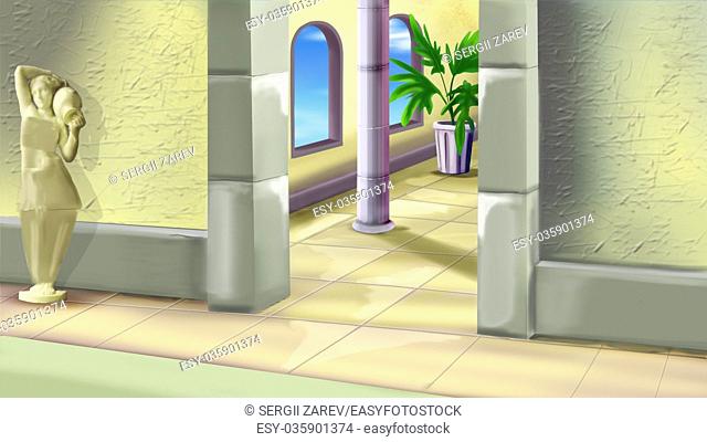 Digital Painting, Illustration of a Ancient Greece Palace Interior in Realistic Cartoon Style