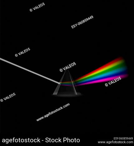 Transparent Prism. Colorful Light Rays. Ray Rainbow Spectrum Dispersion. Optical Effect in Triangle Glass. Educational Physics Refraction. Laser Show