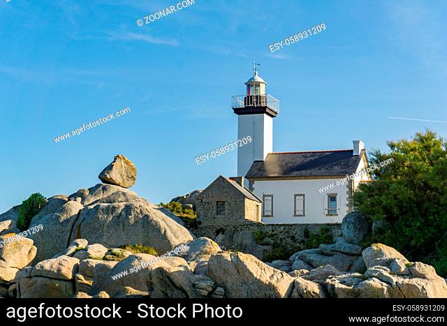 Brignogan-Plages, Finistere / France - 22 August, 2019: Pontusval lighthouse and coast in northern Brittany