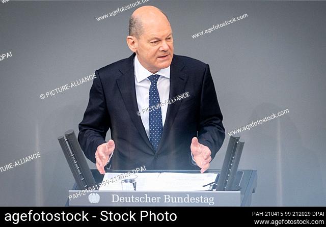15 April 2021, Berlin: Olaf Scholz (SPD), Federal Minister of Finance, addresses the Members of the Bundestag. One topic is the first discussion of the draft...