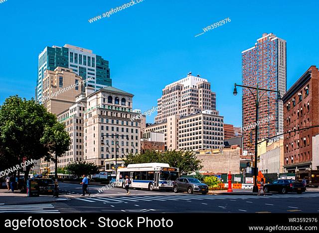 Brooklyn NY - USA - Jul 9 2019: Street scene of dowtown Brooklyn in summer sunny daylight