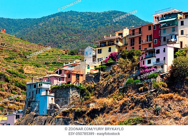 Beautiful summer Manarola view from excursion ship. One of five famous villages of Cinque Terre National Park in Liguria, Italy