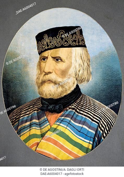 Portrait of Giuseppe Garibaldi (Nice, 1807-Caprera, 1882), Italian general, patriot and politician, watercolor lithograph from the Series The Italian Glories