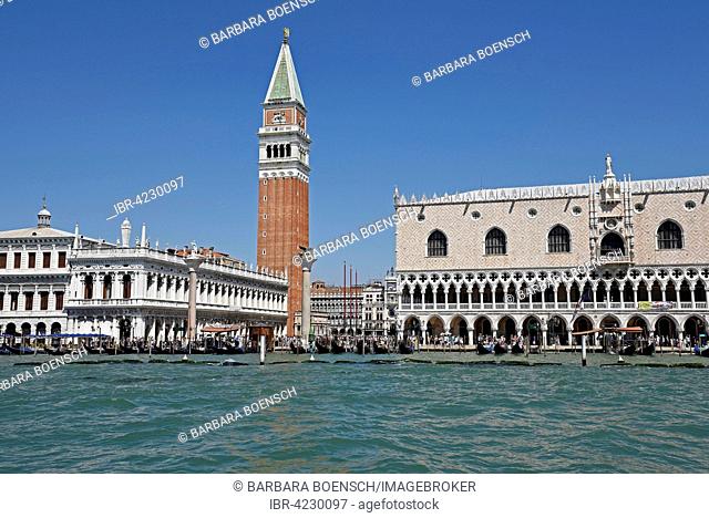 View to the Campanile, Doge's Palace and Piazza di San Marco, St. Mark's Square, Venice, Venezia, Veneto, Italy