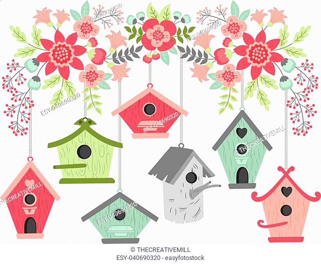 Vector birdhouses hanging from blooming branch. Vector birdhouses and pink bouquets. Birdhouses and floral branch vector illustration