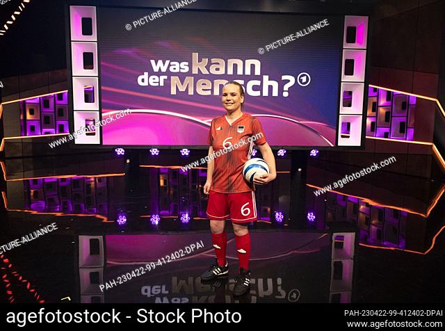 22 April 2023, North Rhine-Westphalia, Cologne: Blind soccer player Jana Marquart stands in the TV studio before the recording of the ARD show ""Was kann der...