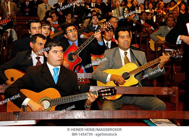 Men making music, worship service, Catedral Evangelica de Chile, Pentecostal Church, Santiago de Chile, Chile, South America