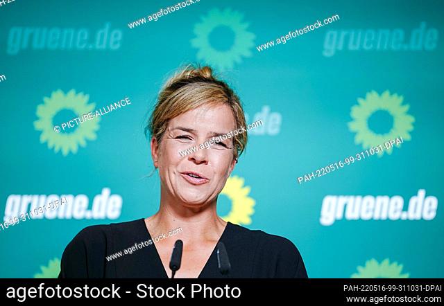 dpatop - 16 May 2022, Berlin: Mona Neubaur, state chairwoman of Bündnis 90/Die Grünen North Rhine-Westphalia and her party's top candidate for the state...