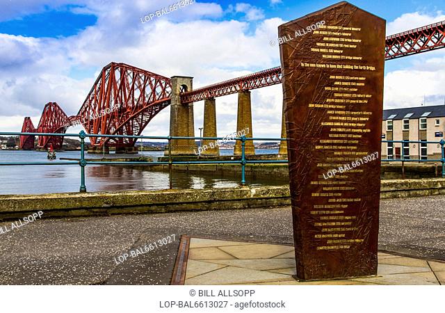 Scotland, West Lothian , Edinburgh. Memorial to the 63 men who lost their lives during the construction of The Forth Bridge