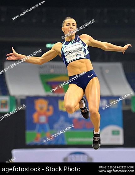 05 February 2021, Berlin: Athletics: ISTAF Indoor at the Mercedes Benz Arena. Long jump women, Maryna Bekh-Romanchuk from Ukraine in action
