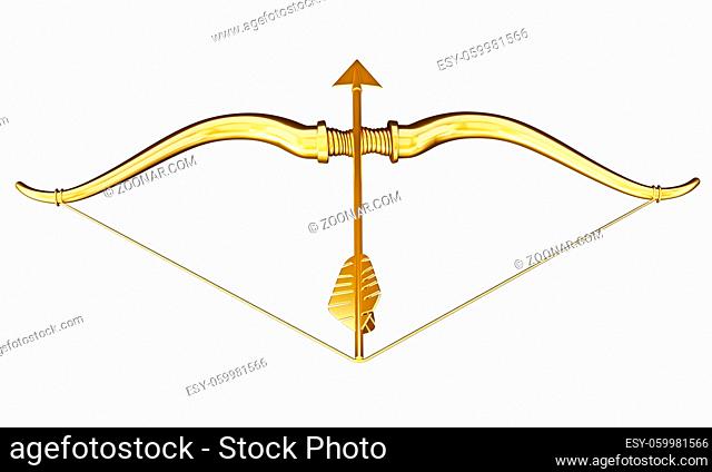 Cupid's bow and arrow with heart shape. 3D illustration