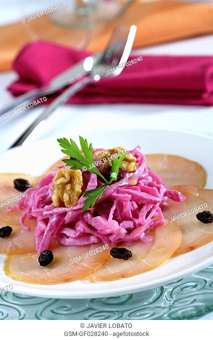 Smoked swordfish carpaccio with red cabbage, yoghurt and nuts salad
