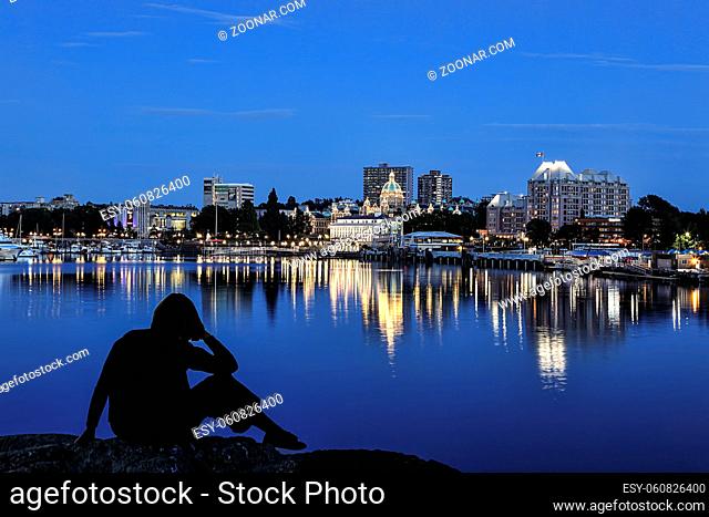 Overlooking the inner harbor at dusk in Victoria BC, Canada