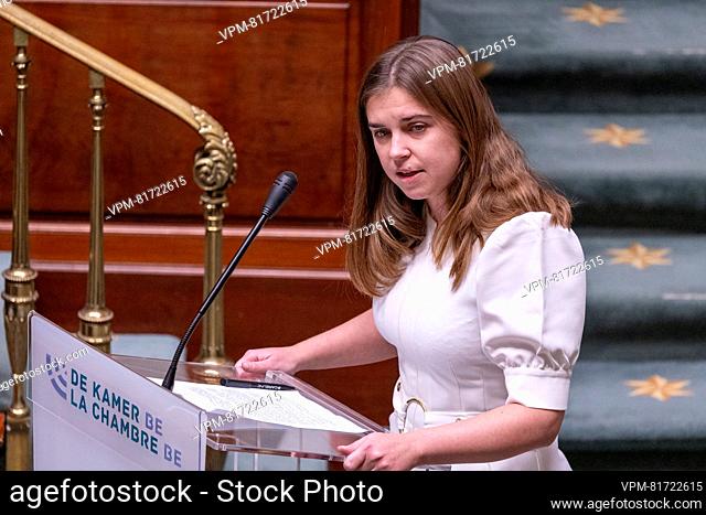 Vooruit's Vicky Reynaert pictured during a plenary session of the Chamber at the Federal Parliament in Brussels on Thursday 07 December 2023