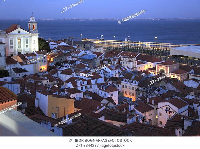 Portugal, Lisbon, Alfama, skyline, general view, night, Sao Estavao Church,