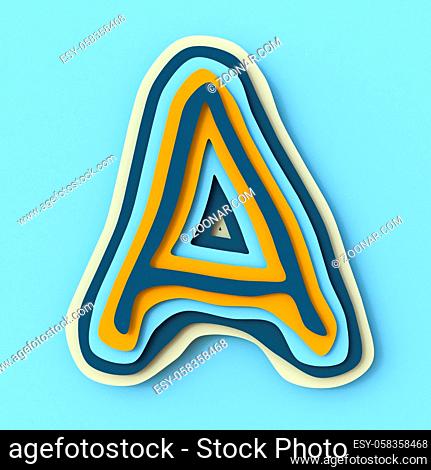 Colorful paper layers font Letter A 3D render illustration isolated on blue background