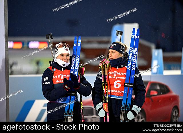 Norway's Juni Arnekleiv and Ingrid Landmark Tandrevold after finishing the women's pursuit 10 km at the Biathlon World Cup competitions at the Östersund Ski...