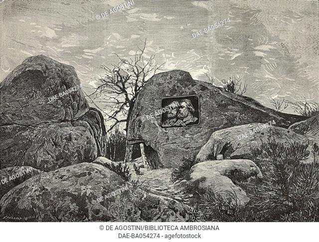 The monument to Jean-Francois Millet and Theodore Rousseau inaugurated at Barbizon on April 14, 1884, France, illustration from L'Illustration
