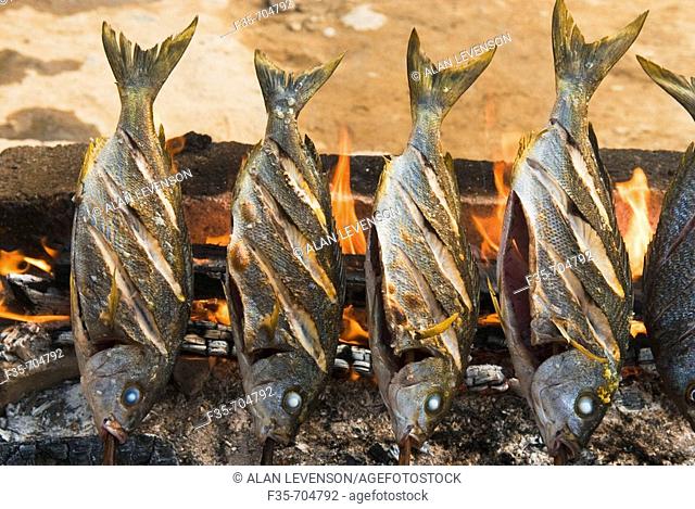 Fish grilling over fire