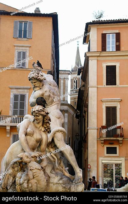 Close view details of the fountain of the four Rivers with Egyptian obelisk, located in the Piazza Navona, Rome, Italy