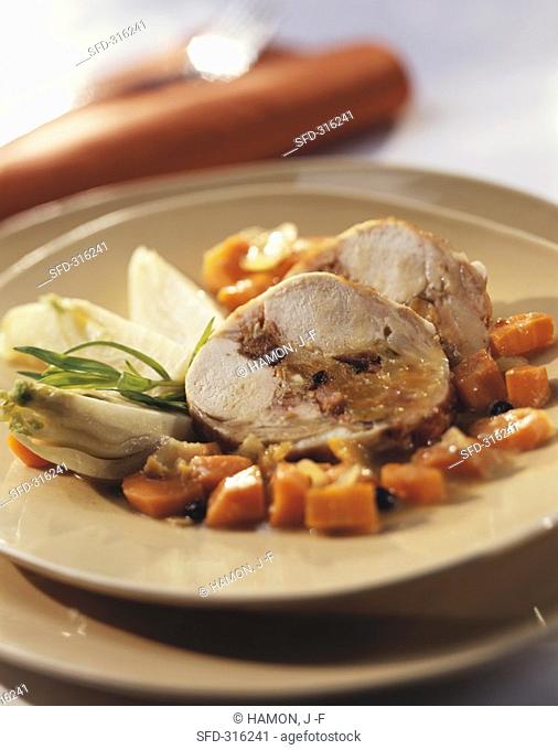 Stuffed saddle of rabbit with fennel and carrots Not available in FR