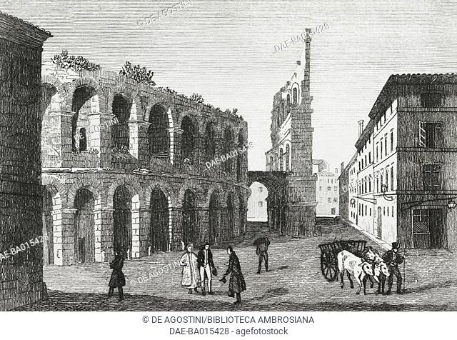 The amphitheatre (arena) in Verona, Veneto, Italy, engraving from L'album, giornale letterario e di belle arti, November 12, 1842, Year 9