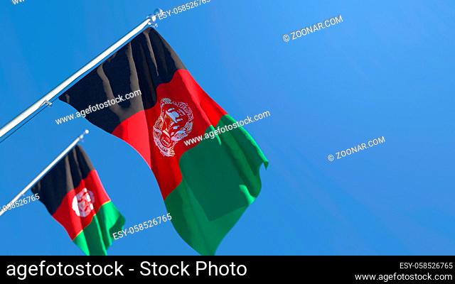 3D rendering of the national flag of Afghanistan waving in the wind against a blue sky