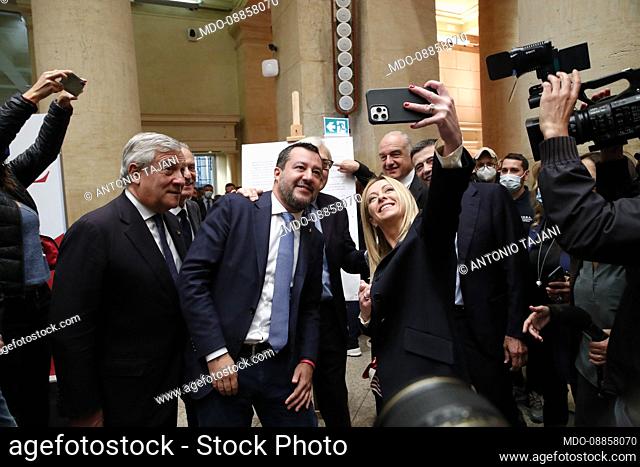 Vittorio Sgarbi, Antonio Tajani, Giorgia Meloni, Enrico Michetti, Matteo Salvini, Lorenzo Cesa and Maurizio Lupi during a press conference at the Temple of...
