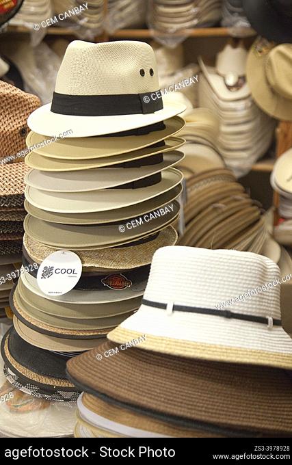 Hats for sale in the shop at the historic center, San Miguel de Allende, Guanajuato state, Mexico, Central America
