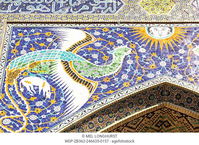 Mosaic on front of Nadir Divan Begi Madrasah, also known as Nadir Divan Beghi Madrasah, Bukhara, Uzbekistan