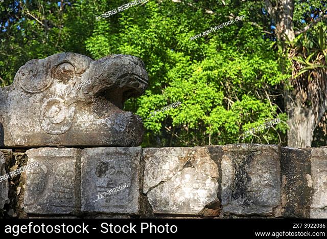 Serpent head sculpture in Mayan Ruin of Chichen Itza Archaeological Site in Yucatan Peninsula, Quintana Roo, Caribbean Coast, Mexico