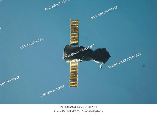 The Soyuz TMA-22 spacecraft departs from the International Space Station and heads toward a landing in a remote area outside of the town of Arkalyk, Kazakhstan