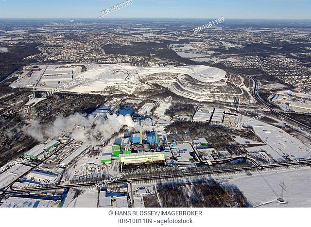 Aerial photo, snow, RZR Recycling Zentrum Ruhr Area recycling center, garbage incineration plant, Landschaftspark Emscherbruch, landscape park, stockpile