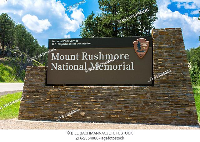 Mount Rushmore South Dakota Keystone sign for entrance to National Memorial of Presidents in stone on mountain landmark attraction USA