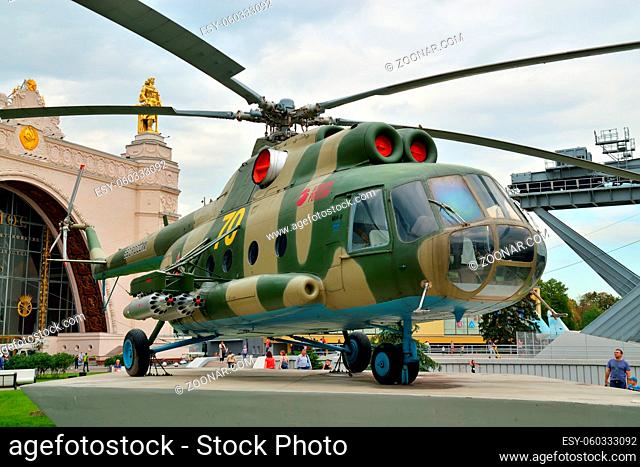 Moscow, Russia - august 12, 2019: Transport and landing helicopter Mi-8. All-Russian Exhibition Center, Exhibition of Achievements of National Economy