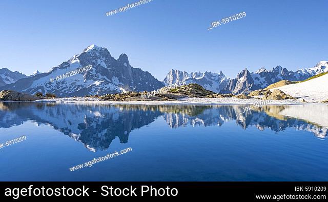Mountain panorama with water reflection in Lac Blanc, mountain tops, Aiguille Verte, Grandes Jorasses, Aiguille du Moine, Mont Blanc, Mont Blanc massif