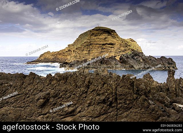 Big lava rock at the north coast of Madeira portuguese island in the atlantic ocean