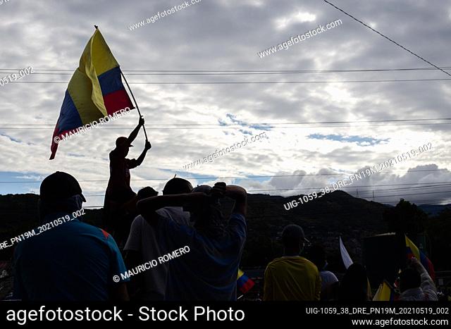 Houndreds of demonstrators with Colombian flags and signs gather at Yumbo, Cali, Valle del Cauca in Colombia during May 19