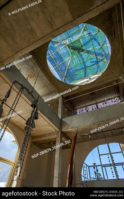 The interior of the visitor center of Arcosanti, a projected experimental town in Yavapai County, central Arizona, 70 mi north of Phoenix, USA