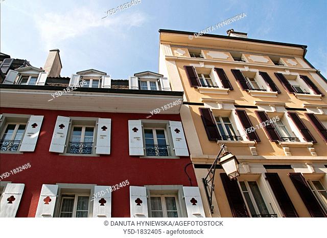 facades in Vevey, town called a pearl of Swiss Riviera  canton Vaud, Lake Geneva shore, Switzerland