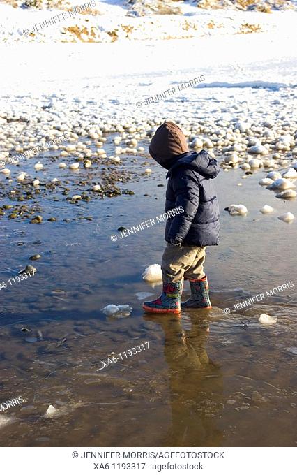 A young boy walks in an icy puddle on a snowy beach