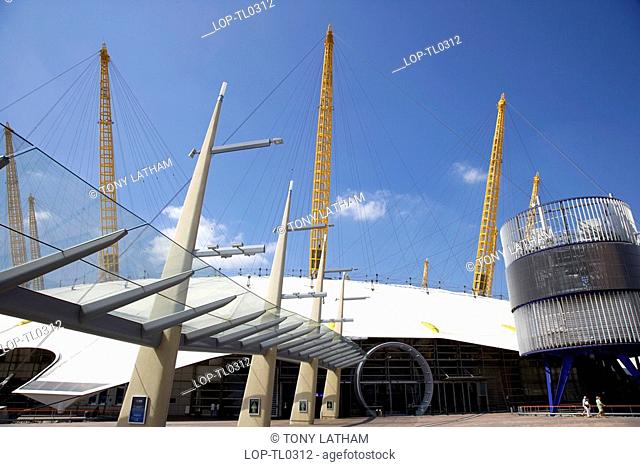 England, London, Greenwich, Exterior view of the front entrance to the O2 arena in Greenwich