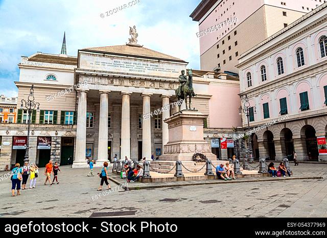 GENOA, ITALY - AUGUST 11: Garibaldi statue and opera theater in a summer day in Genoa, Italy on August 11, 2014