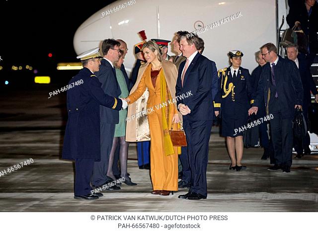 King Willem-Alexander and Queen Maxima of The Netherlands arrive at the airport Velizy-Villacoublay in Paris, France, 9 March 2016