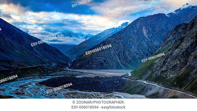 Manali-Leh road in Lahaul valley in the morning. Himachal Prades
