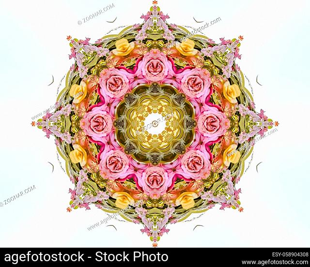 Abstract circular floral design with pink yellow and red roses on a field of white. Geometric kaleidoscope pattern on mirrored axis of symmetry reflection