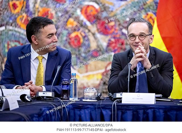 13 November 2019, Northern Macedonia, Skopje: Nikola Dimitrov (l), Foreign Minister of Northern Macedonia, and Heiko Maas (SPD), Foreign Minister